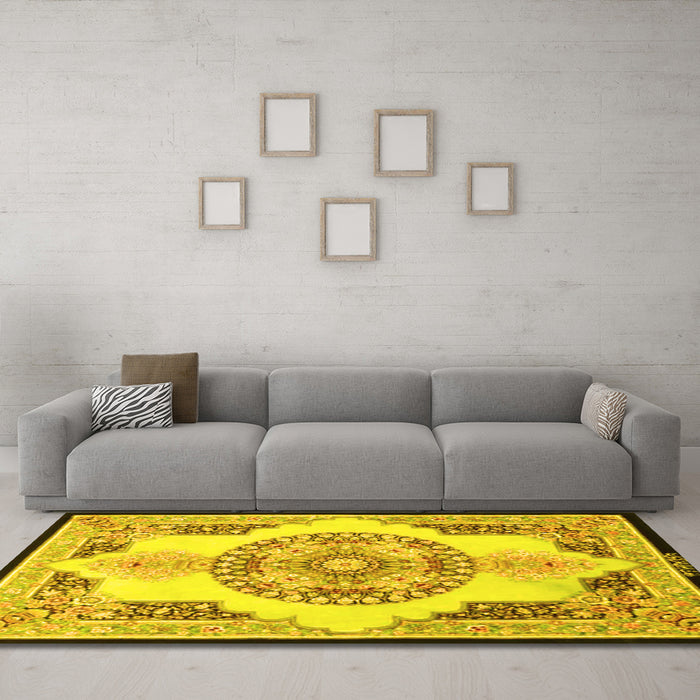 Machine Washable Persian Yellow Traditional Rug in a Living Room, wshtr4676yw