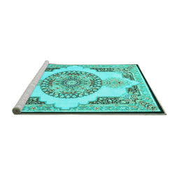 Sideview of Machine Washable Persian Turquoise Traditional Area Rugs, wshtr4676turq