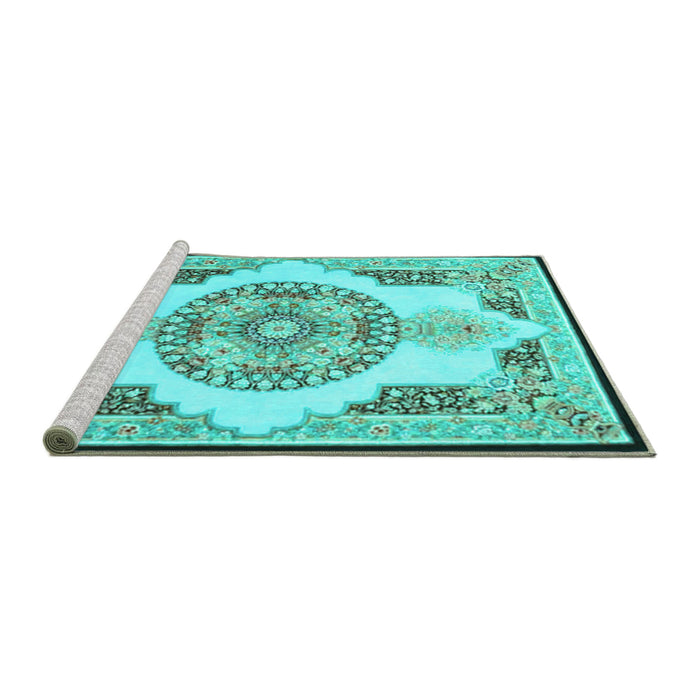 Sideview of Machine Washable Persian Turquoise Traditional Area Rugs, wshtr4676turq