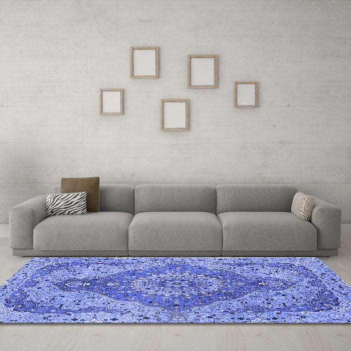 Machine Washable Medallion Blue Traditional Rug in a Living Room, wshtr4677blu