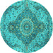 Round Machine Washable Medallion Turquoise Traditional Area Rugs, wshtr4677turq