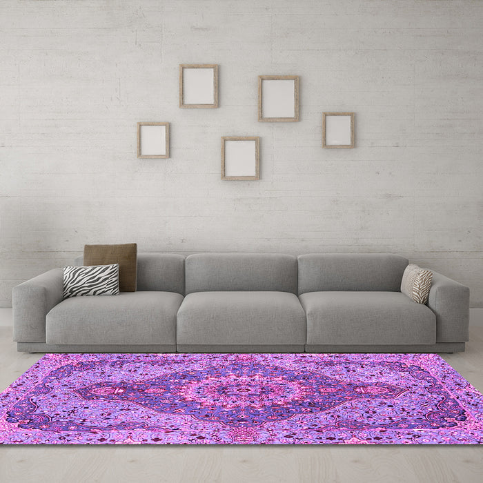 Machine Washable Medallion Pink Traditional Rug in a Living Room, wshtr4677pnk