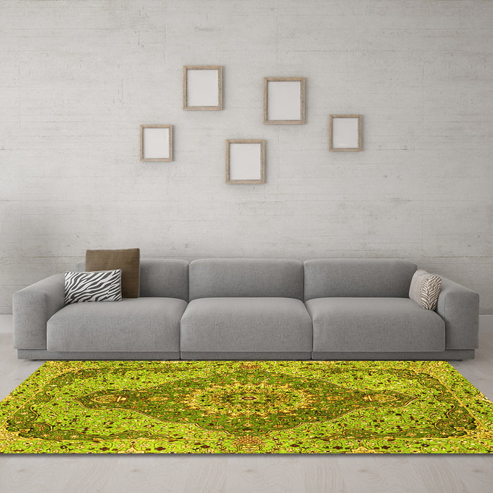 Machine Washable Medallion Yellow Traditional Rug in a Living Room, wshtr4677yw