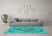 Machine Washable Medallion Turquoise Traditional Area Rugs in a Living Room,, wshtr4677turq