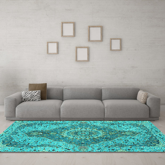 Machine Washable Medallion Turquoise Traditional Area Rugs in a Living Room,, wshtr4677turq