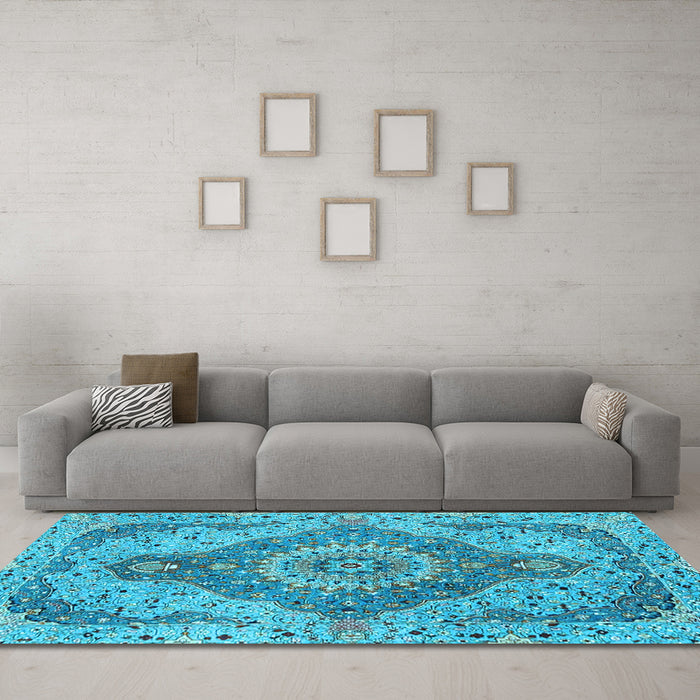 Machine Washable Medallion Light Blue Traditional Rug in a Living Room, wshtr4677lblu