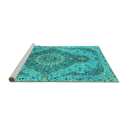 Sideview of Machine Washable Medallion Turquoise Traditional Area Rugs, wshtr4677turq