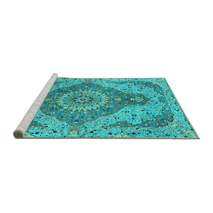 Sideview of Machine Washable Medallion Turquoise Traditional Area Rugs, wshtr4677turq
