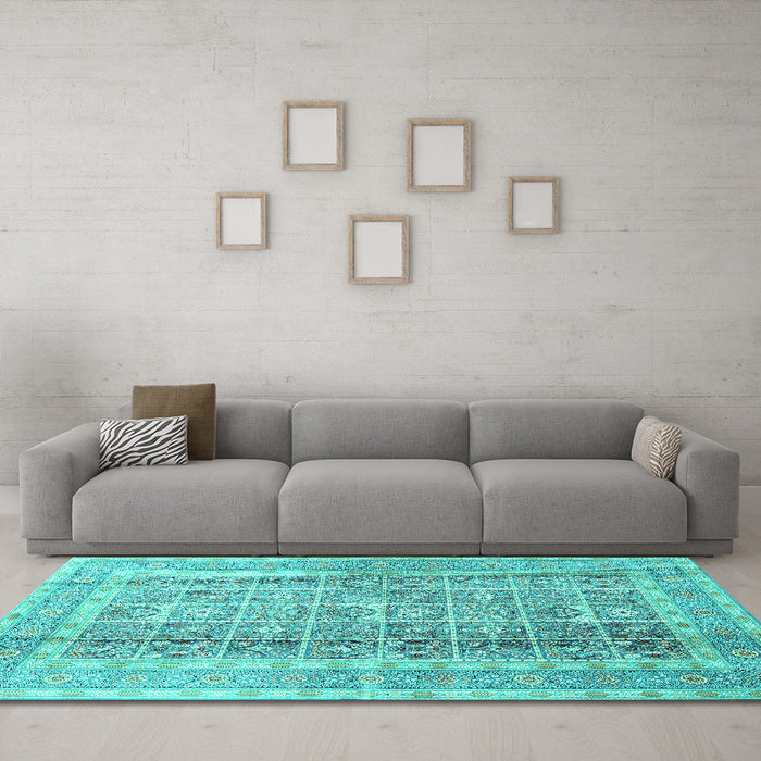 Machine Washable Persian Turquoise Traditional Area Rugs in a Living Room,, wshtr4678turq