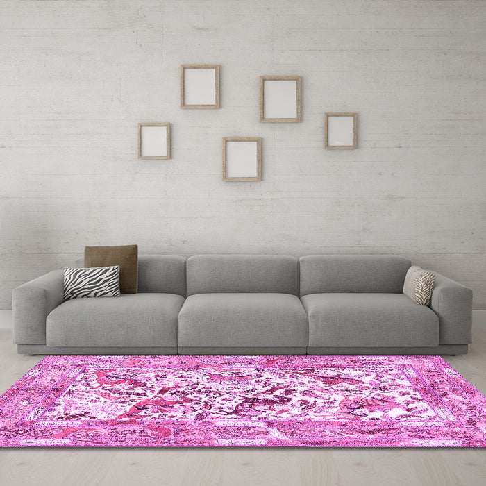 Machine Washable Animal Pink Traditional Rug in a Living Room, wshtr4679pnk