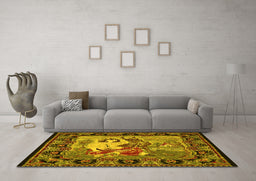 Machine Washable Medallion Yellow French Rug in a Living Room, wshtr467yw