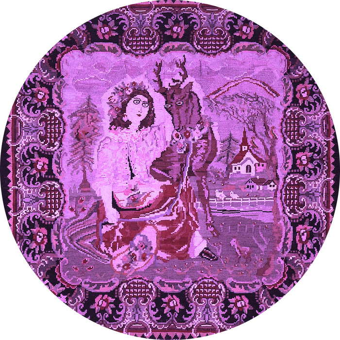 Round Machine Washable Medallion Purple French Area Rugs, wshtr467pur