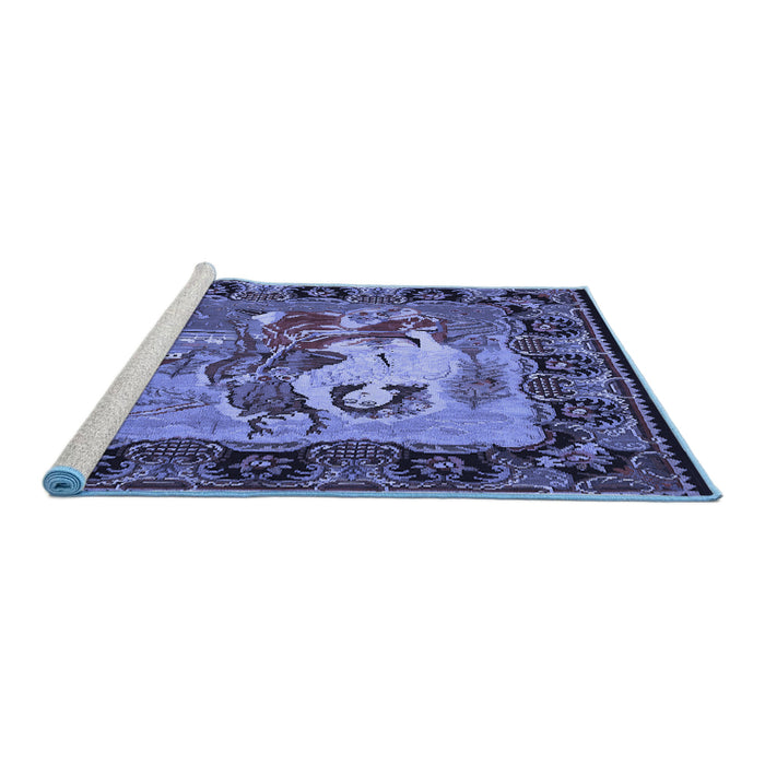 Sideview of Machine Washable Medallion Blue French Rug, wshtr467blu