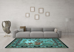 Machine Washable Medallion Light Blue French Rug in a Living Room, wshtr467lblu