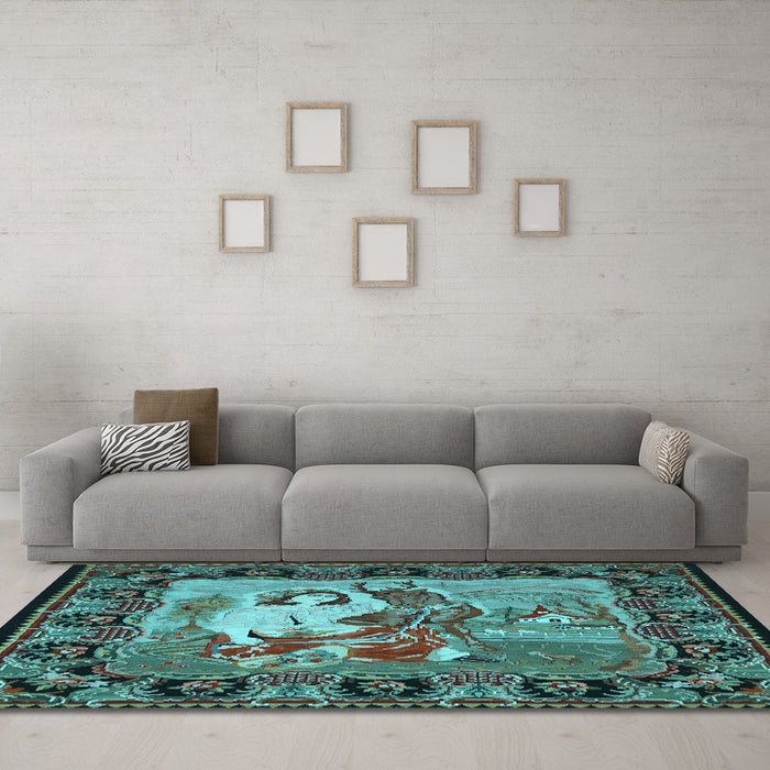 Machine Washable Medallion Light Blue French Rug in a Living Room, wshtr467lblu