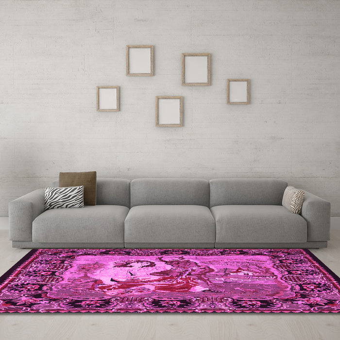 Machine Washable Medallion Pink French Rug in a Living Room, wshtr467pnk