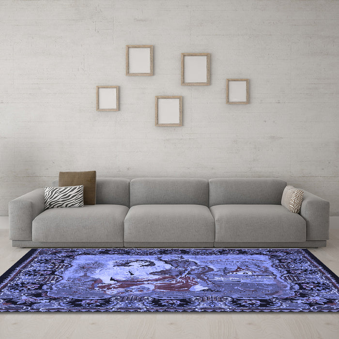 Machine Washable Medallion Blue French Rug in a Living Room, wshtr467blu