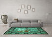 Machine Washable Medallion Turquoise French Area Rugs in a Living Room,, wshtr467turq