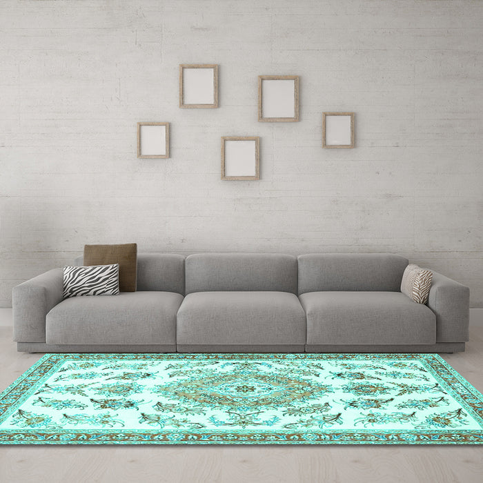 Machine Washable Medallion Turquoise Traditional Area Rugs in a Living Room,, wshtr4680turq