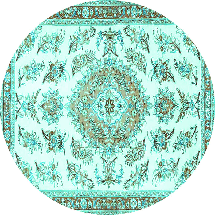 Round Machine Washable Medallion Turquoise Traditional Area Rugs, wshtr4680turq