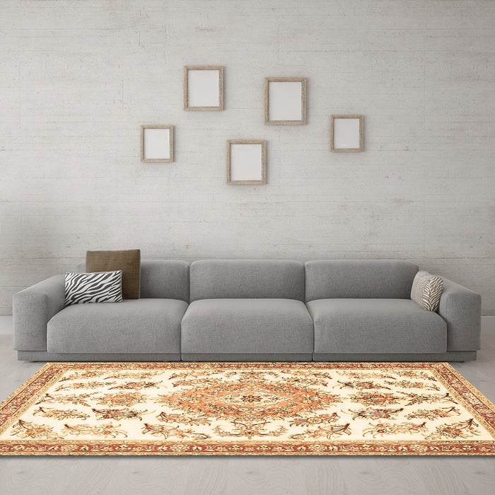 Machine Washable Medallion Brown Traditional Rug in a Living Room,, wshtr4680brn