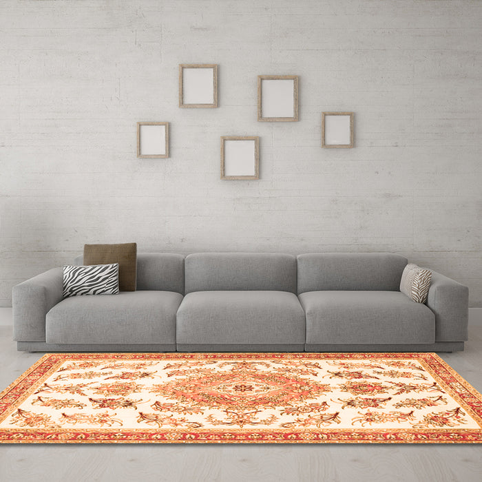 Machine Washable Medallion Orange Traditional Area Rugs in a Living Room, wshtr4680org