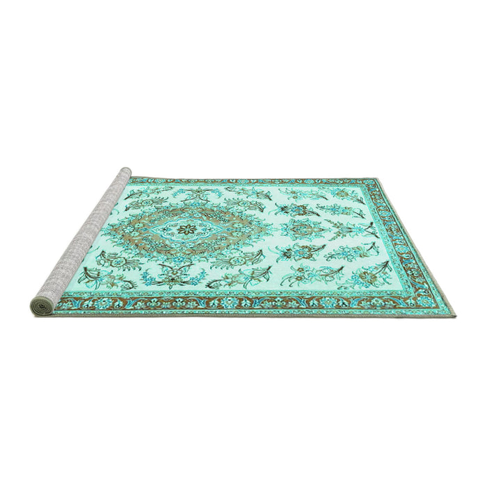 Sideview of Machine Washable Medallion Turquoise Traditional Area Rugs, wshtr4680turq