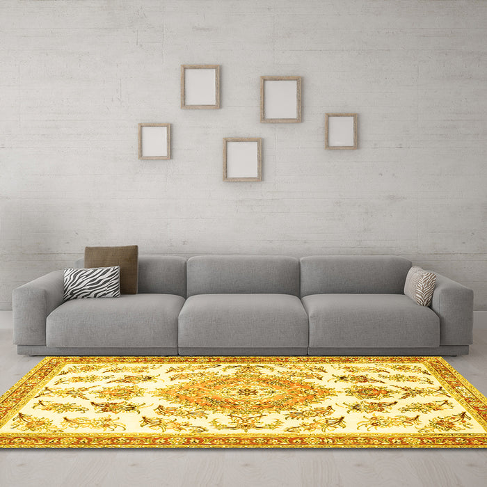 Machine Washable Medallion Yellow Traditional Rug in a Living Room, wshtr4680yw