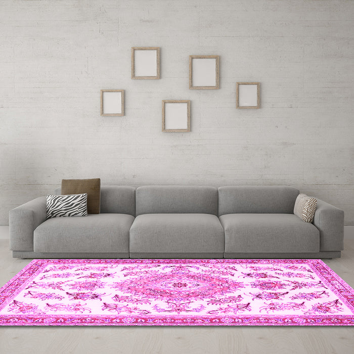 Machine Washable Medallion Pink Traditional Rug in a Living Room, wshtr4680pnk