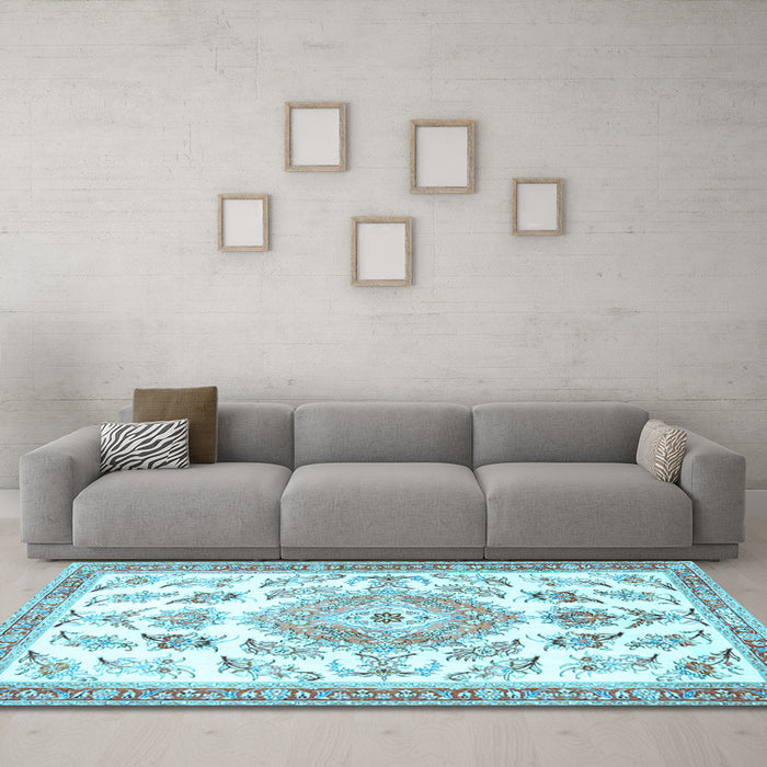 Machine Washable Medallion Light Blue Traditional Rug in a Living Room, wshtr4680lblu