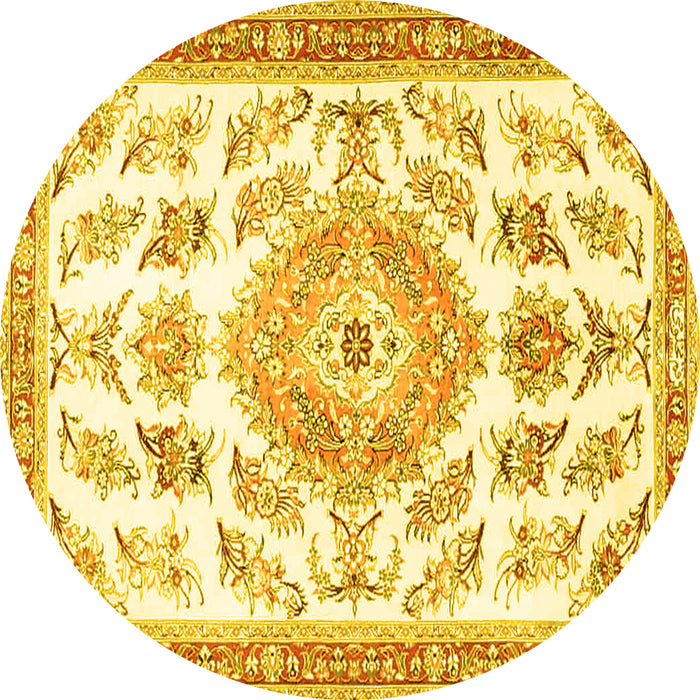Round Machine Washable Medallion Yellow Traditional Rug, wshtr4680yw