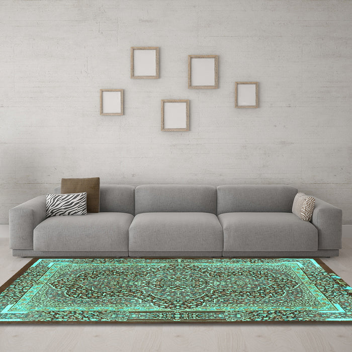 Machine Washable Medallion Turquoise Traditional Area Rugs in a Living Room,, wshtr4681turq