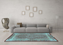 Machine Washable Medallion Light Blue Traditional Rug in a Living Room, wshtr4681lblu