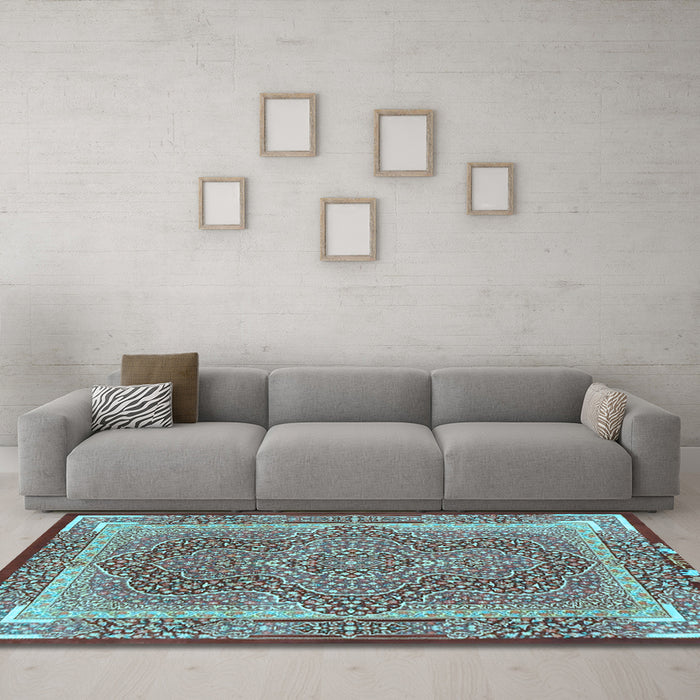 Machine Washable Medallion Light Blue Traditional Rug in a Living Room, wshtr4681lblu