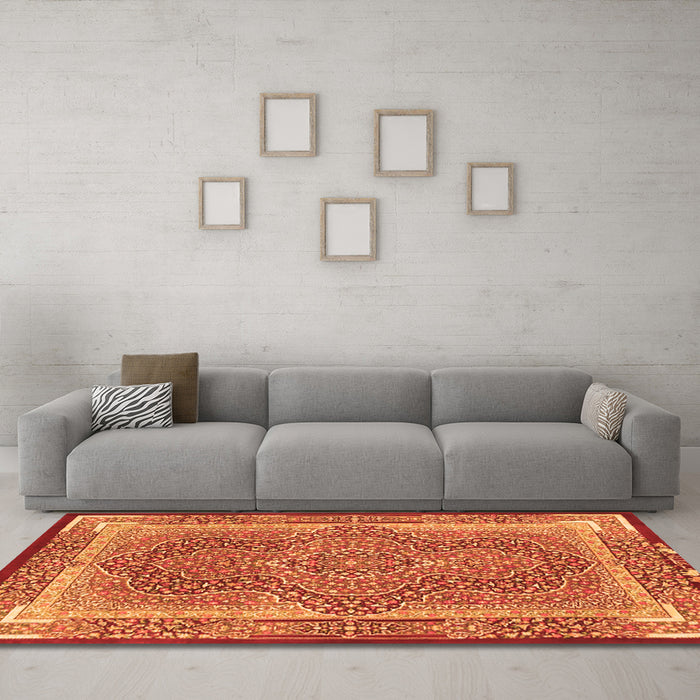 Machine Washable Medallion Orange Traditional Area Rugs in a Living Room, wshtr4681org