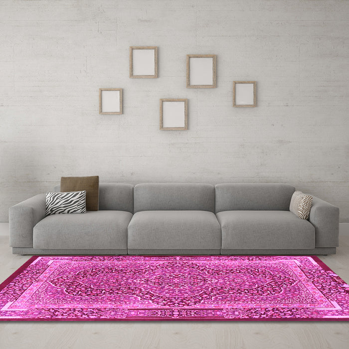 Machine Washable Medallion Pink Traditional Rug in a Living Room, wshtr4681pnk