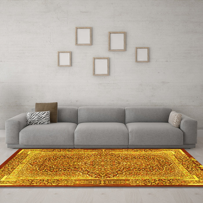 Machine Washable Medallion Yellow Traditional Rug in a Living Room, wshtr4681yw