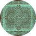 Round Machine Washable Medallion Turquoise Traditional Area Rugs, wshtr4681turq