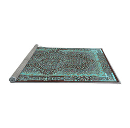 Sideview of Machine Washable Medallion Light Blue Traditional Rug, wshtr4681lblu