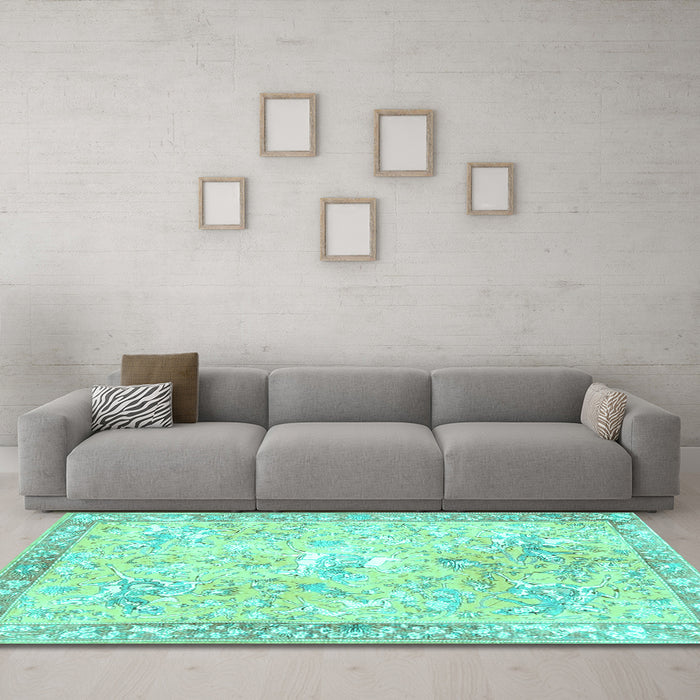 Machine Washable Animal Turquoise Traditional Area Rugs in a Living Room,, wshtr4682turq
