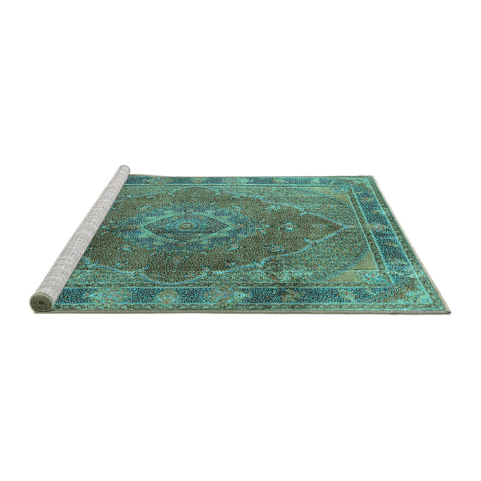 Sideview of Machine Washable Medallion Turquoise Traditional Area Rugs, wshtr4683turq