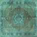 Square Machine Washable Medallion Turquoise Traditional Area Rugs, wshtr4683turq