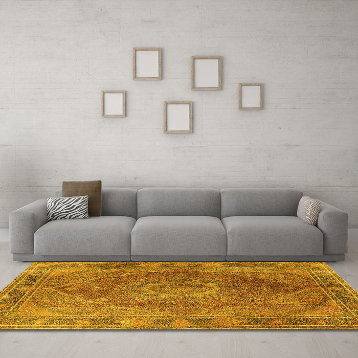 Machine Washable Medallion Yellow Traditional Rug in a Living Room, wshtr4683yw