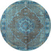 Round Machine Washable Medallion Light Blue Traditional Rug, wshtr4683lblu