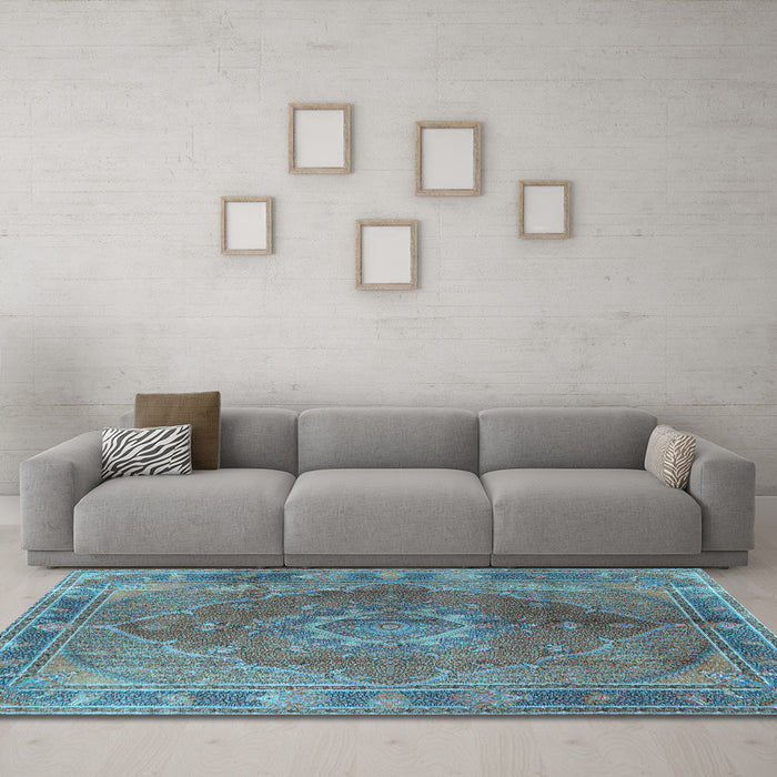 Machine Washable Medallion Light Blue Traditional Rug in a Living Room, wshtr4683lblu