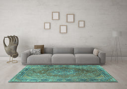 Machine Washable Medallion Turquoise Traditional Area Rugs in a Living Room,, wshtr4683turq
