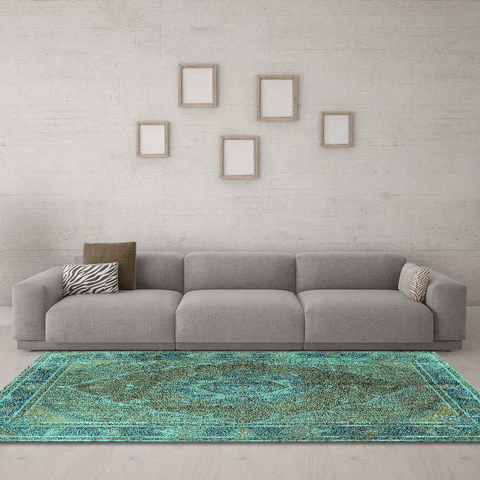 Machine Washable Medallion Turquoise Traditional Area Rugs in a Living Room,, wshtr4683turq