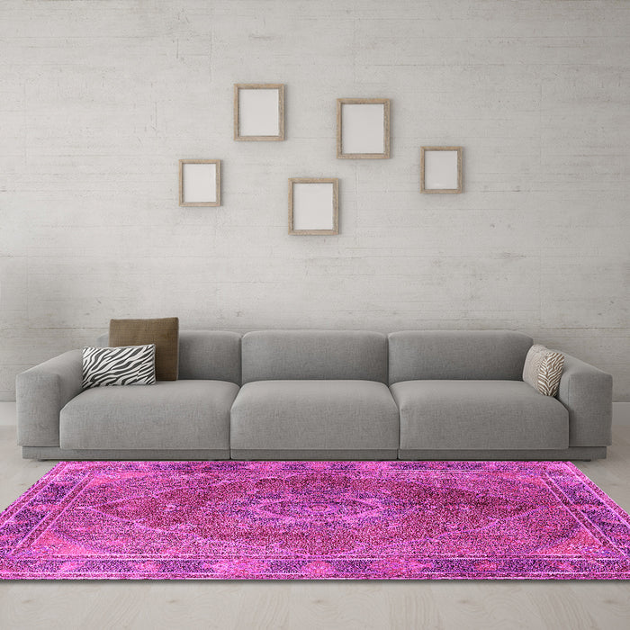 Machine Washable Medallion Pink Traditional Rug in a Living Room, wshtr4683pnk