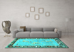 Machine Washable Animal Turquoise Traditional Area Rugs in a Living Room,, wshtr4684turq