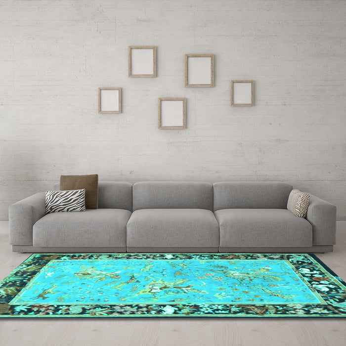 Machine Washable Animal Turquoise Traditional Area Rugs in a Living Room,, wshtr4684turq